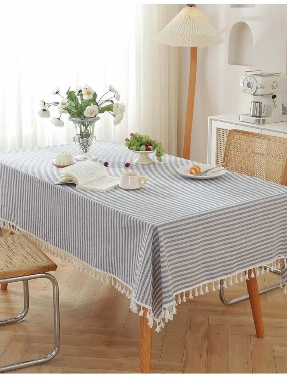 Striped Blue and White Tassel Tablecloth - Home Dining